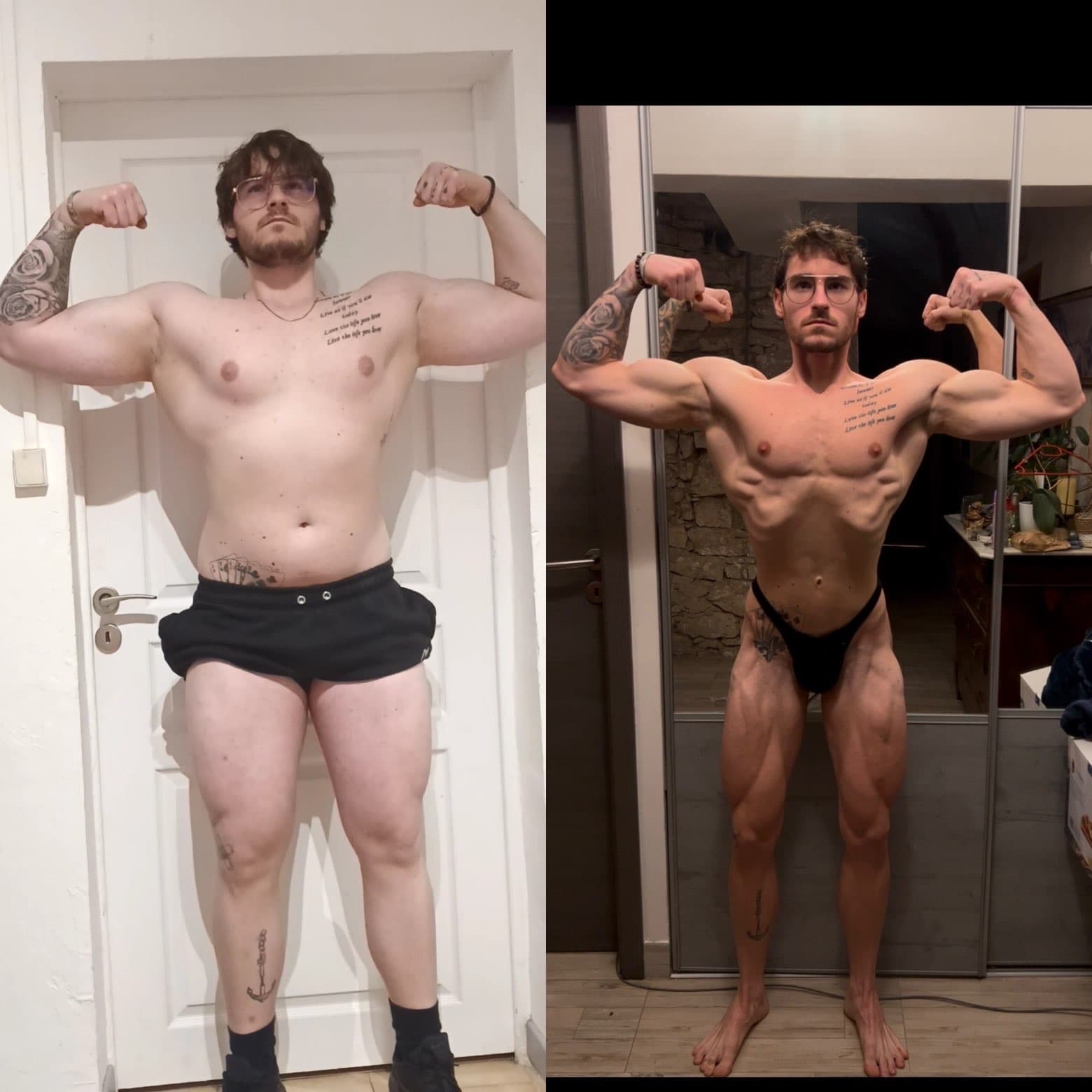 Avant/après transformation physique de Maximilien — préparation compétition bodybuilding