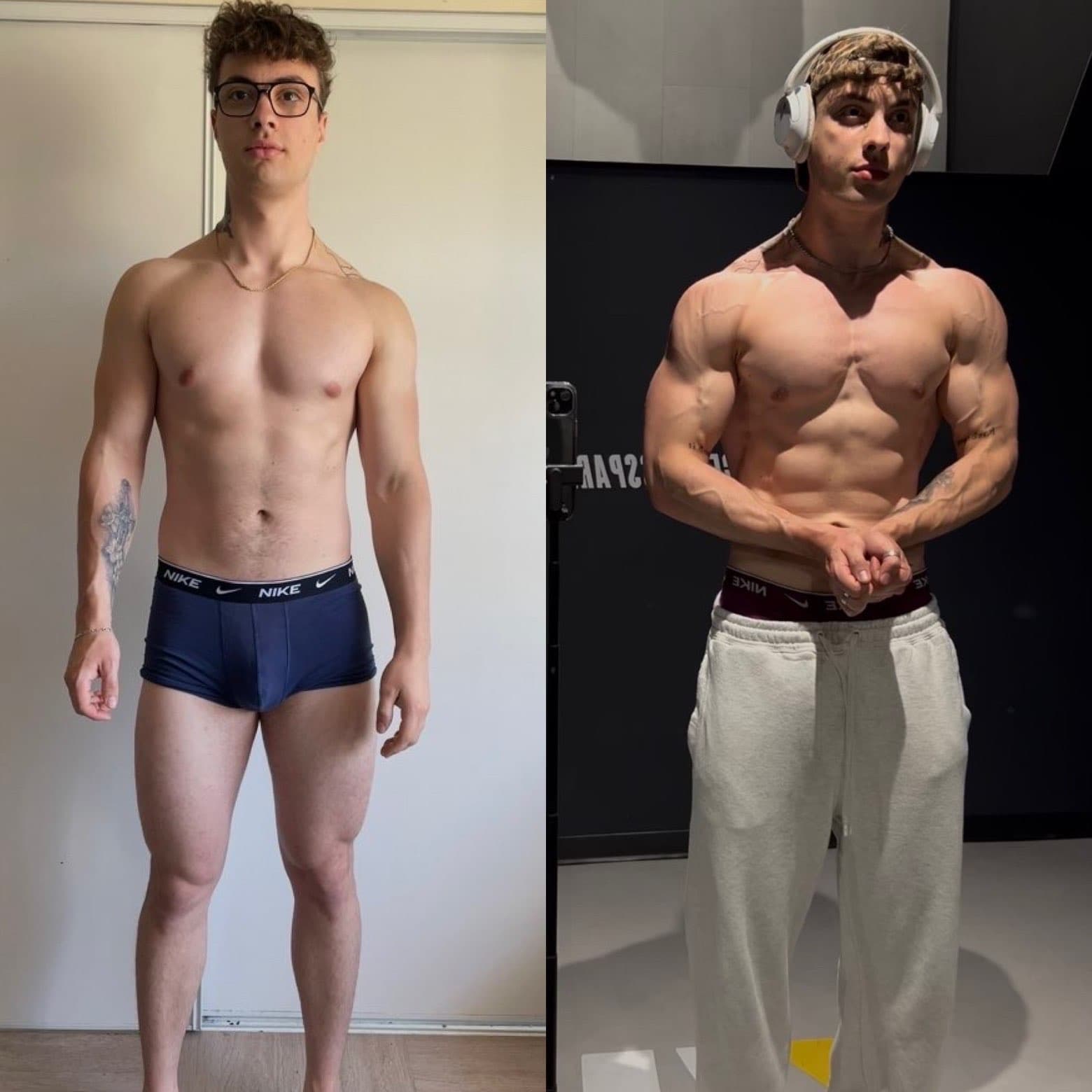 Avant/après transformation physique de Louis — prise de masse musculaire